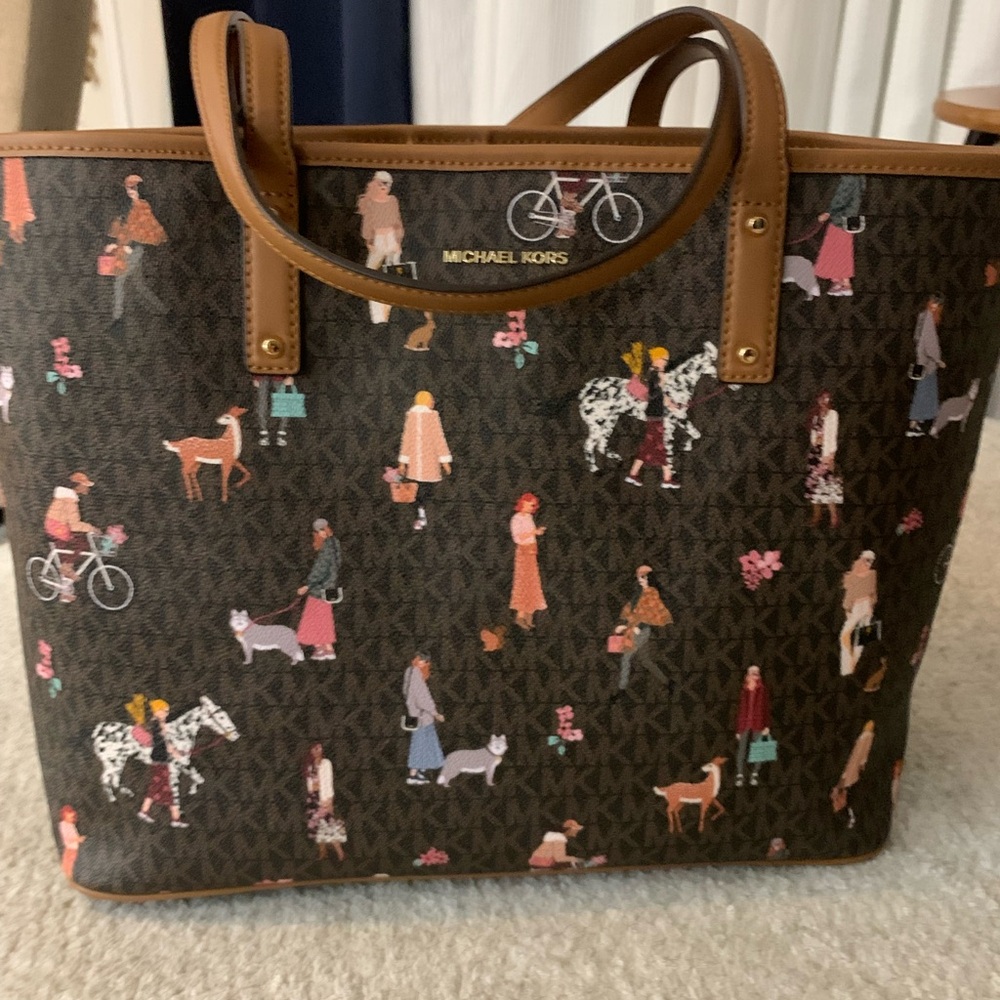 Michael Kors Brown Signature Tote with Multicolor Figurine Print